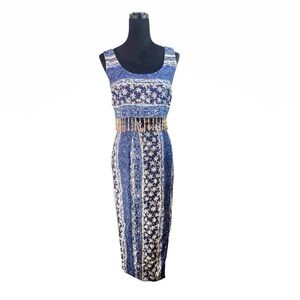 Vintage Just Choon Blue Hawaiian Beaded Maxi Dress Size 3 Boho Festival 90s Y2K